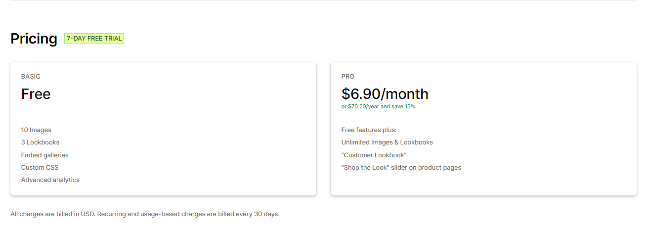 Lookbookify prcing plan